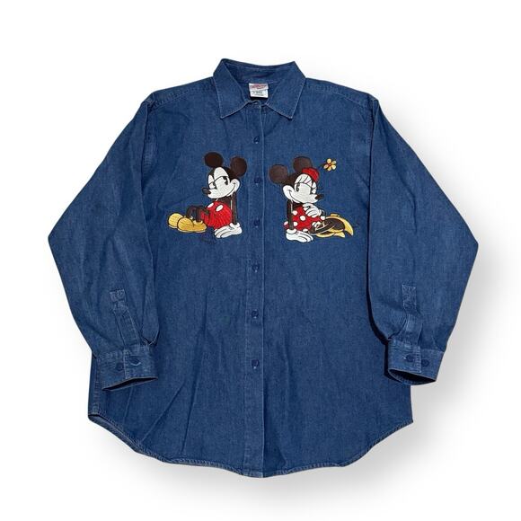 Disney Tops - The Disney Store Women’s M Vintage Mickey Minnie Mouse Button Down Denim Shirt